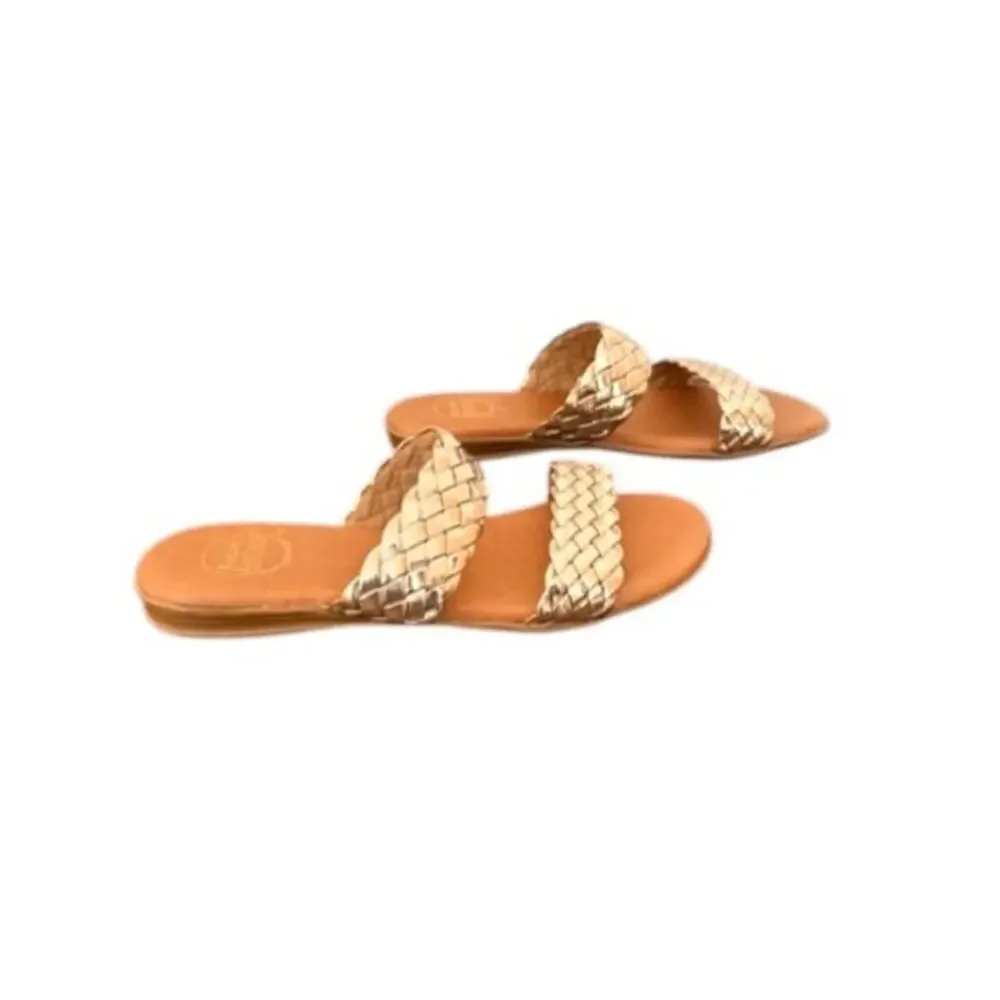 Andre Assous Naria Gold Woven Leather Slides Sz 10 Made Spain NWT $129